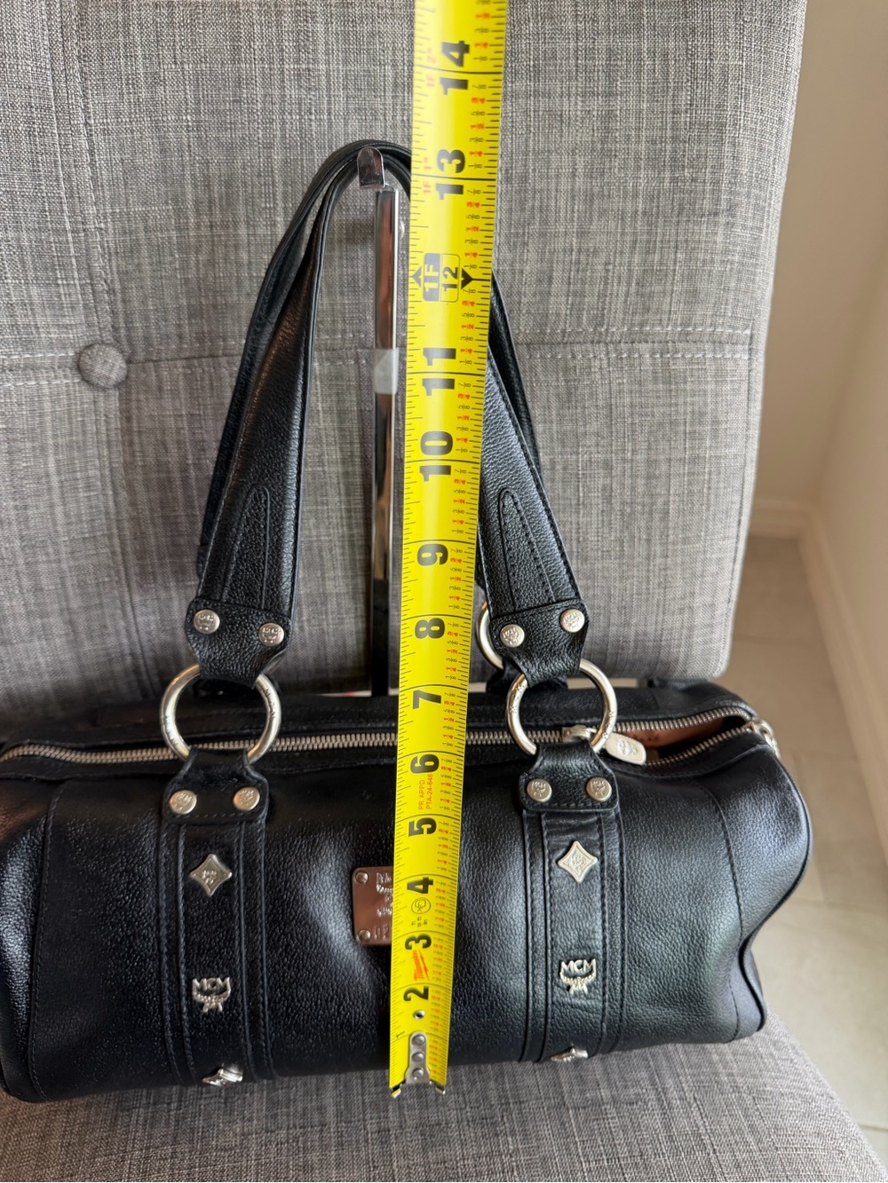MCM Black Leather Barrel Shoulder Bag with Silver Accents - Picture 6 of 12